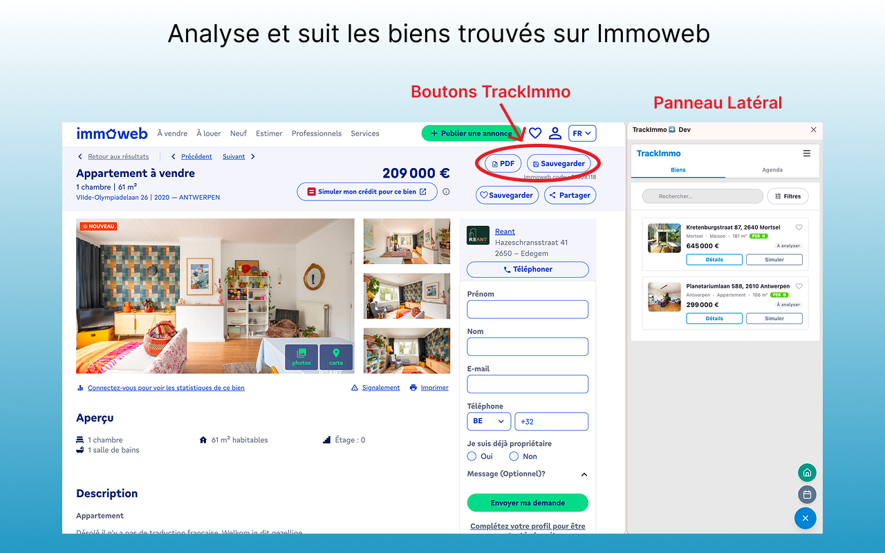 TrackImmo ajoute ses boutons et un panneau latéral directement sur une annonce Immoweb.